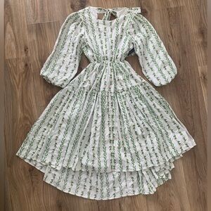 Sister Jane Garland Open Back Midi Dress Green Floral Embroidered Puff Sleeve S